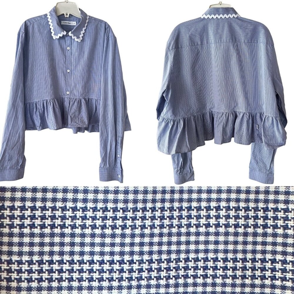 Custom Cropped Ruffle Edge Button Up Shirt L Gingham Mini Checker Rick Rack Trim